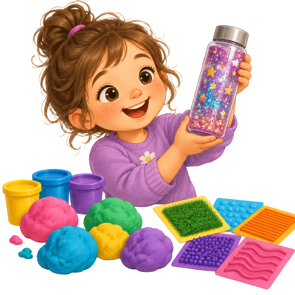 Criança feliz com garrafa sensorial